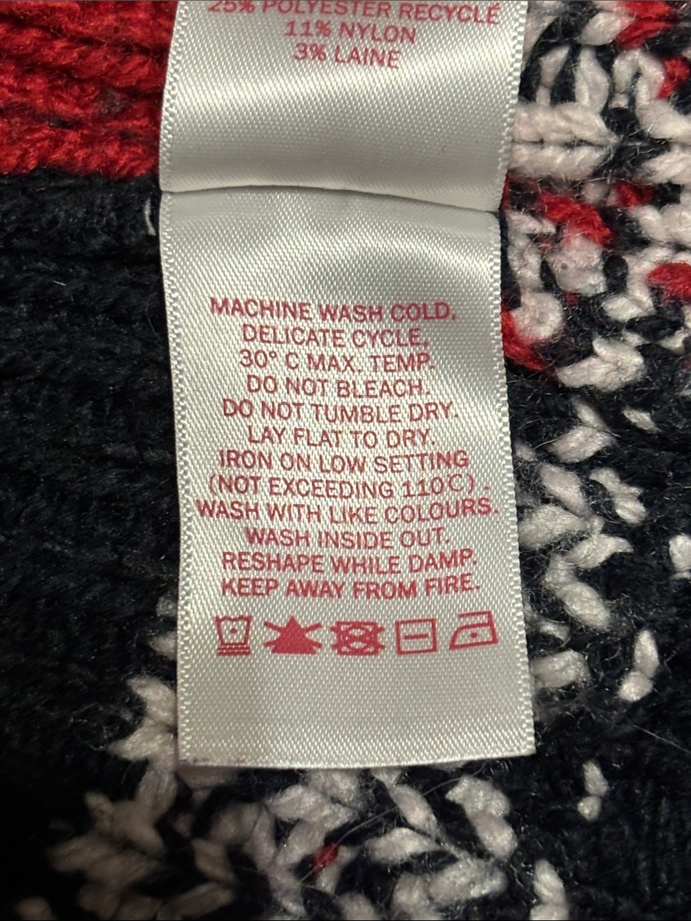 Shawl-Collar Zip Sweater with Red Moose Motif - Navy - Picture 7 of 8